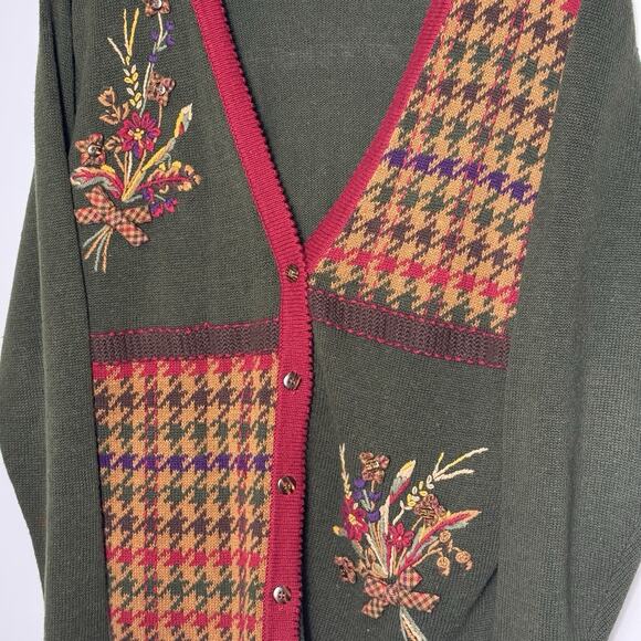 Napa Valley Women’s Cardigan Sweater Small Green Houndstooth Floral Embroidered - Picture 3 of 9